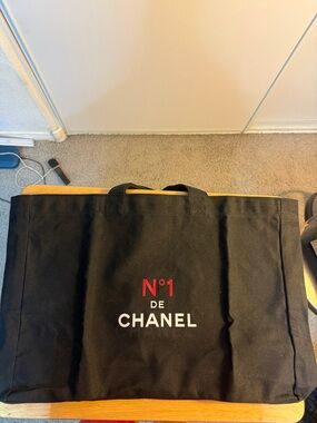 CHANEL Black Canvas Tote with Red & White Logo